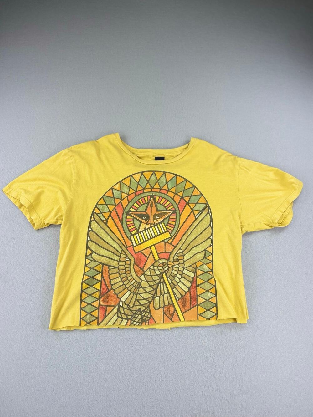OBEY Shepard Stained Glass Bird Woman's S Graphic Tee Raw Hem Crop Top C3